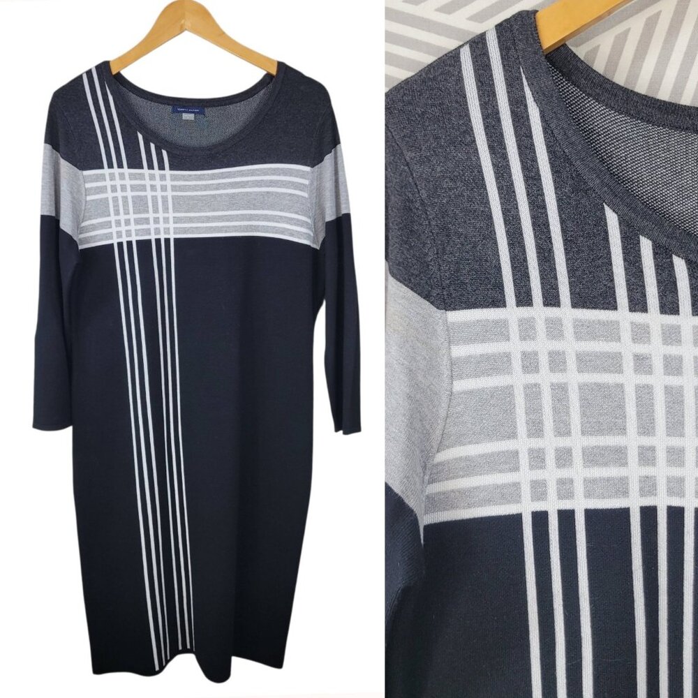 Tommy Hilfiger Sweater Dress size Large stretch Career midi Knit Grey Black